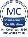 Marcă de certificare ISO 45001:2018 — Sănătate și securitate ocupațională